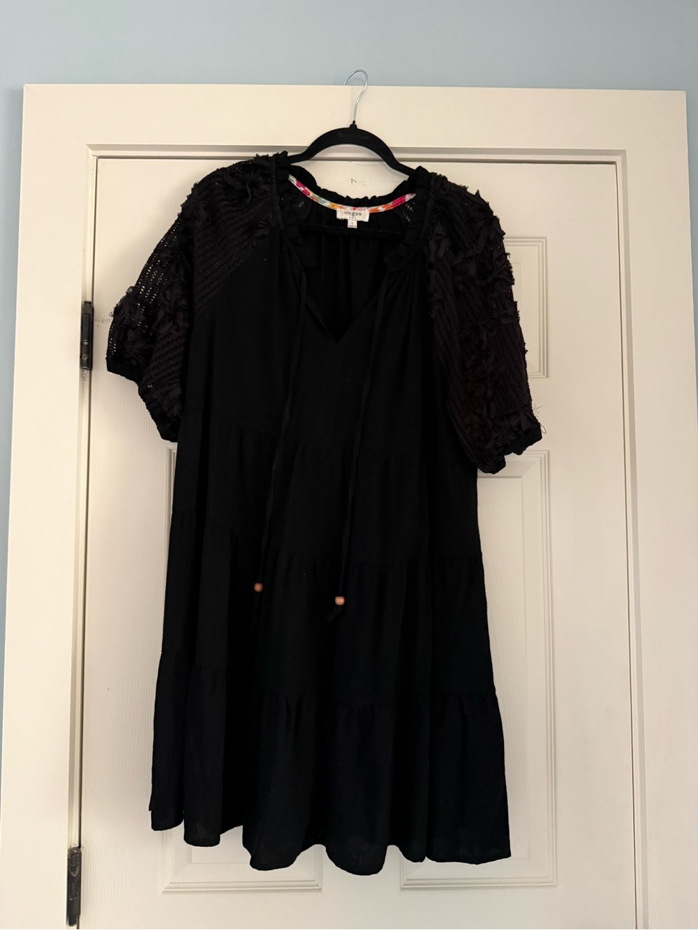 Umgee Black Tiered Boho Tunic with Crochet Short Sleeves